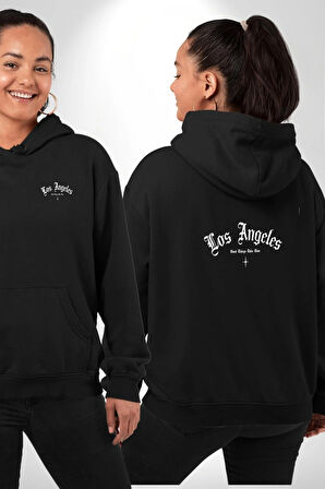 Los Angeles Sokak Tarzı Erkek Kadın Siyah Ön Sırt Baskılı Kapüşonlu Sweatshirt Hoodie