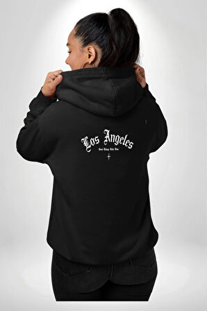 Los Angeles Sokak Tarzı Erkek Kadın Siyah Ön Sırt Baskılı Kapüşonlu Sweatshirt Hoodie