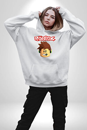Roblox Karakter Eğlenceli Oyun Tasarımı Erkek Kadın Beyaz Dijital Baskılı Kapüşonlu Sweatshirt Hoodie