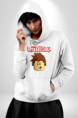 Roblox Karakter Eğlenceli Oyun Tasarımı Erkek Kadın Beyaz Dijital Baskılı Kapüşonlu Sweatshirt Hoodie