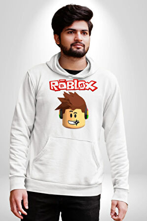 Roblox Karakter Eğlenceli Oyun Tasarımı Erkek Kadın Beyaz Dijital Baskılı Kapüşonlu Sweatshirt Hoodie