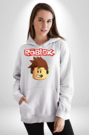 Roblox Karakter Eğlenceli Oyun Tasarımı Erkek Kadın Beyaz Dijital Baskılı Kapüşonlu Sweatshirt Hoodie