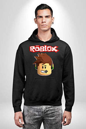 Roblox Karakter Eğlenceli Oyun Tasarımı Erkek Kadın Siyah Dijital Baskılı Kapüşonlu Sweatshirt Hoodie
