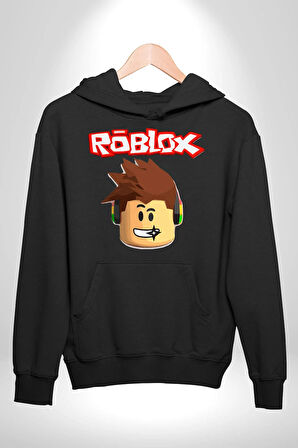 Roblox Karakter Eğlenceli Oyun Tasarımı Erkek Kadın Siyah Dijital Baskılı Kapüşonlu Sweatshirt Hoodie