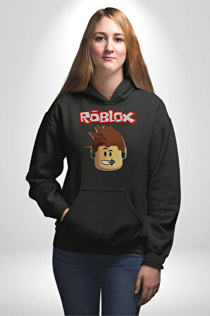 Roblox Karakter Eğlenceli Oyun Tasarımı Erkek Kadın Siyah Dijital Baskılı Kapüşonlu Sweatshirt Hoodie