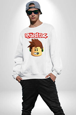 Roblox Karakter Eğlenceli Oyun Tasarımı Erkek Kadın Unisex Dijital Baskılı Beyaz Sweatshirt