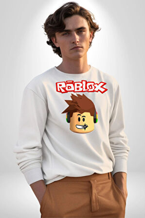 Roblox Karakter Eğlenceli Oyun Tasarımı Erkek Kadın Unisex Dijital Baskılı Beyaz Sweatshirt