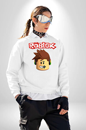 Roblox Karakter Eğlenceli Oyun Tasarımı Erkek Kadın Unisex Dijital Baskılı Beyaz Sweatshirt
