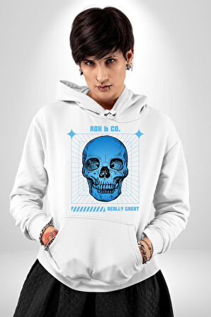 Sokak Sitili Kurukafa Erkek Kadın Beyaz Dijital Baskılı Kapüşonlu Sweatshirt Hoodie