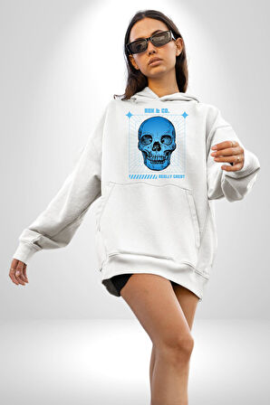 Sokak Sitili Kurukafa Erkek Kadın Beyaz Dijital Baskılı Kapüşonlu Sweatshirt Hoodie