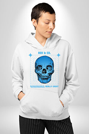 Sokak Sitili Kurukafa Erkek Kadın Beyaz Dijital Baskılı Kapüşonlu Sweatshirt Hoodie