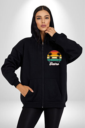 Retro Palmiye Güneş 80 90 Erkek Kadın Siyah Fermuarlı Baskılı Hırka Sweatshirt