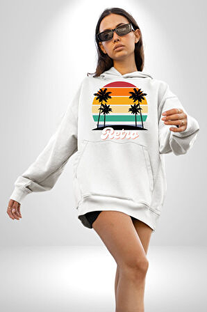 Retro Palmiye Güneş 80 90 Erkek Kadın Beyaz Dijital Baskılı Kapüşonlu Sweatshirt Hoodie