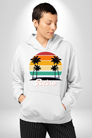 Retro Palmiye Güneş 80 90 Erkek Kadın Beyaz Dijital Baskılı Kapüşonlu Sweatshirt Hoodie
