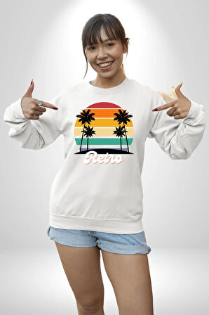 Retro Palmiye Güneş 80 90 Erkek Kadın Unisex Dijital Baskılı Beyaz Sweatshirt
