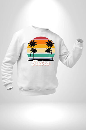 Retro Palmiye Güneş 80 90 Erkek Kadın Unisex Dijital Baskılı Beyaz Sweatshirt
