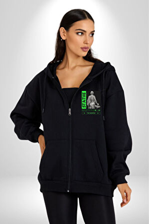 Sokak Sitili Heykel Kadın Savaşcı Erkek Kadın Siyah Fermuarlı Baskılı Hırka Sweatshirt