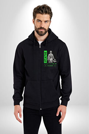 Sokak Sitili Heykel Kadın Savaşcı Erkek Kadın Siyah Fermuarlı Baskılı Hırka Sweatshirt