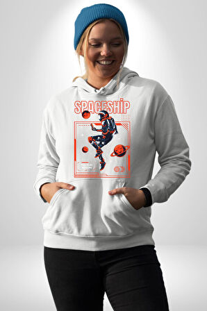Astronot Gezegen Uzay Aracı Erkek Kadın Beyaz Dijital Baskılı Kapüşonlu Sweatshirt Hoodie