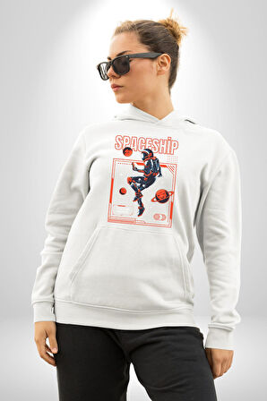 Astronot Gezegen Uzay Aracı Erkek Kadın Beyaz Dijital Baskılı Kapüşonlu Sweatshirt Hoodie