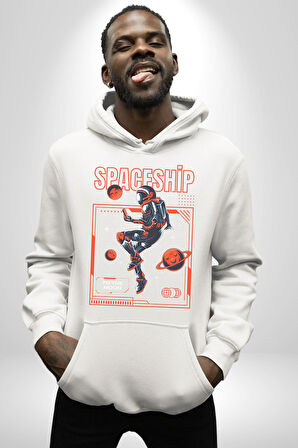 Astronot Gezegen Uzay Aracı Erkek Kadın Beyaz Dijital Baskılı Kapüşonlu Sweatshirt Hoodie