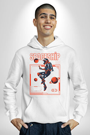 Astronot Gezegen Uzay Aracı Erkek Kadın Beyaz Dijital Baskılı Kapüşonlu Sweatshirt Hoodie