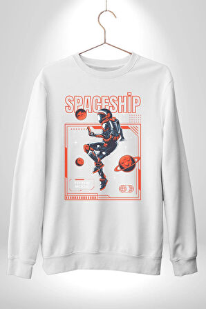 Astronot Gezegen Uzay Aracı Erkek Kadın Unisex Dijital Baskılı Beyaz Sweatshirt