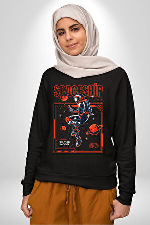 Astronot Gezegen Uzay Aracı Erkek Kadın Unisex Dijital Baskılı Siyah Sweatshirt