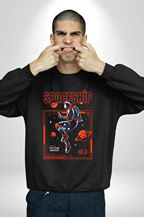 Astronot Gezegen Uzay Aracı Erkek Kadın Unisex Dijital Baskılı Siyah Sweatshirt