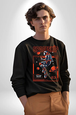 Astronot Gezegen Uzay Aracı Erkek Kadın Unisex Dijital Baskılı Siyah Sweatshirt