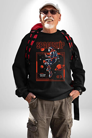 Astronot Gezegen Uzay Aracı Erkek Kadın Unisex Dijital Baskılı Siyah Sweatshirt