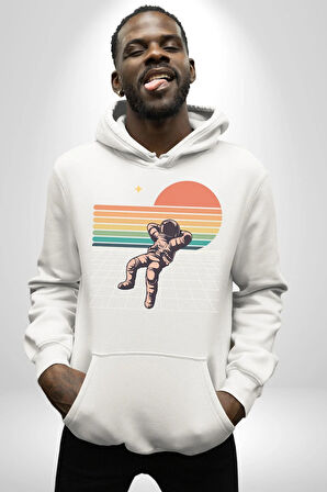 Uzay Adamı Tasarımı Erkek Kadın Beyaz Dijital Baskılı Kapüşonlu Sweatshirt Hoodie