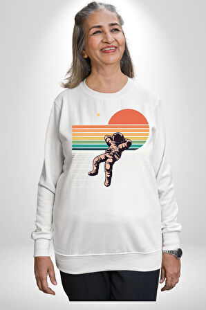 Uzay Adamı Tasarımı Erkek Kadın Unisex Dijital Baskılı Beyaz Sweatshirt