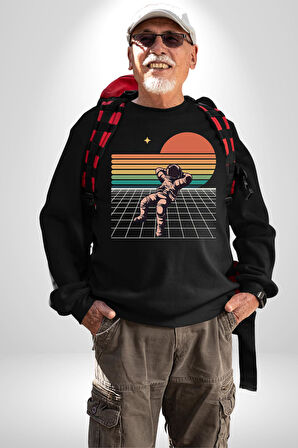 Uzay Adamı Tasarımı Erkek Kadın Unisex Dijital Baskılı Siyah Sweatshirt