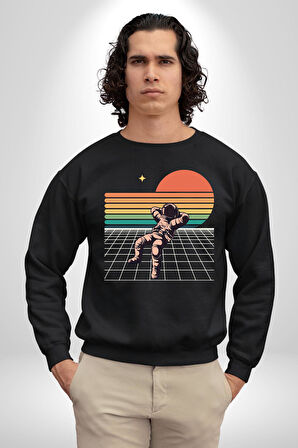 Uzay Adamı Tasarımı Erkek Kadın Unisex Dijital Baskılı Siyah Sweatshirt
