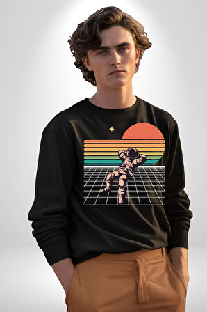 Uzay Adamı Tasarımı Erkek Kadın Unisex Dijital Baskılı Siyah Sweatshirt
