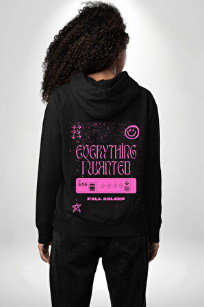 İstediğim Şey Uykuda Kalmak Erkek Kadın Siyah Ön Sırt Baskılı Kapüşonlu Sweatshirt Hoodie