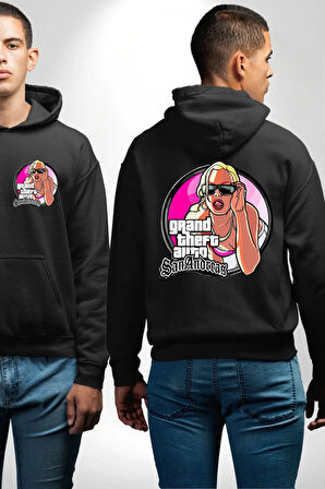 GTA San Andreas Retro Oyun Tasarım Erkek Kadın Siyah Ön Sırt Baskılı Kapüşonlu Sweatshirt Hoodie