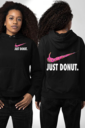 Just Donut Eğlenceli Karikatür Tasarım Erkek Kadın Siyah Ön Sırt Baskılı Kapüşonlu Sweatshirt Hoodie