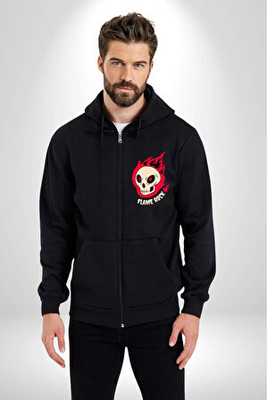 Kırmızı Ateş Kurukafa Rock Erkek Kadın Siyah Fermuarlı Baskılı Hırka Sweatshirt