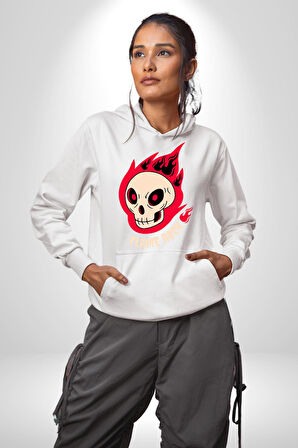 Kırmızı Ateş Kurukafa Rock Erkek Kadın Beyaz Dijital Baskılı Kapüşonlu Sweatshirt Hoodie