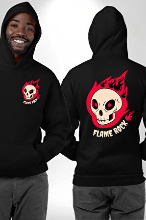 Kırmızı Ateş Kurukafa Rock Erkek Kadın Siyah Ön Sırt Baskılı Kapüşonlu Sweatshirt Hoodie