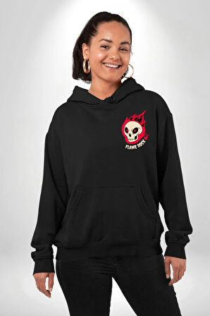 Kırmızı Ateş Kurukafa Rock Erkek Kadın Siyah Ön Sırt Baskılı Kapüşonlu Sweatshirt Hoodie