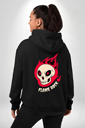 Kırmızı Ateş Kurukafa Rock Erkek Kadın Siyah Ön Sırt Baskılı Kapüşonlu Sweatshirt Hoodie