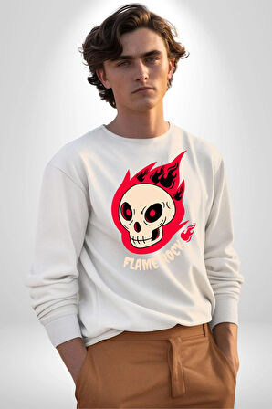 Kırmızı Ateş Kurukafa Rock Erkek Kadın Unisex Dijital Baskılı Beyaz Sweatshirt