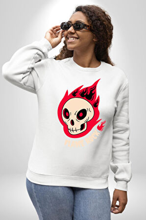 Kırmızı Ateş Kurukafa Rock Erkek Kadın Unisex Dijital Baskılı Beyaz Sweatshirt