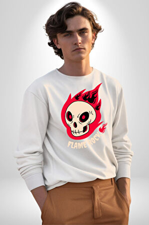 Kırmızı Ateş Kurukafa Rock Erkek Kadın Unisex Dijital Baskılı Beyaz Sweatshirt