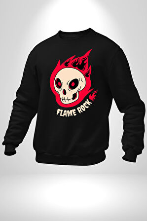 Kırmızı Ateş Kurukafa Rock Erkek Kadın Unisex Dijital Baskılı Siyah Sweatshirt