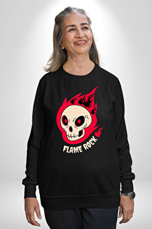 Kırmızı Ateş Kurukafa Rock Erkek Kadın Unisex Dijital Baskılı Siyah Sweatshirt