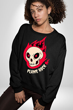 Kırmızı Ateş Kurukafa Rock Erkek Kadın Unisex Dijital Baskılı Siyah Sweatshirt